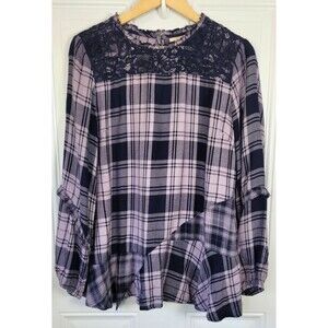 LOGO Lavish By Lori Goldstein Plaid Long Sleeve Top SIze M